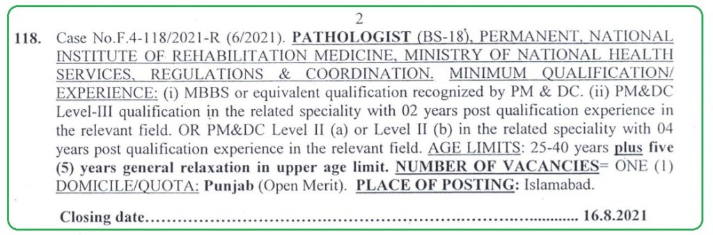 FPSC Pathologist Jobs Advertisement 6/2021 - Ministry of Health