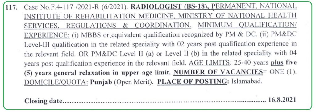 FPSC Radiologist Jobs Advertisement 6/2021 - Ministry of Health