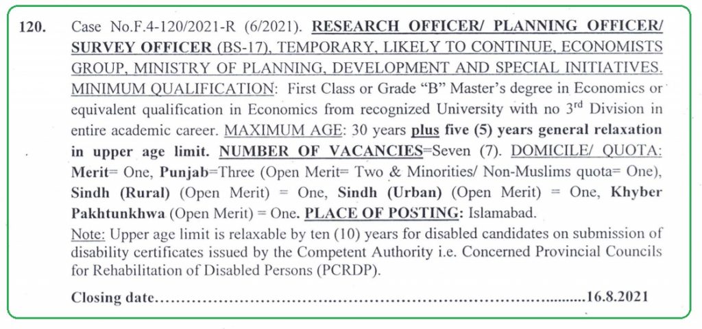 FPSC Research Officer Jobs Advertisement 6/2021 - Ministry of Planning