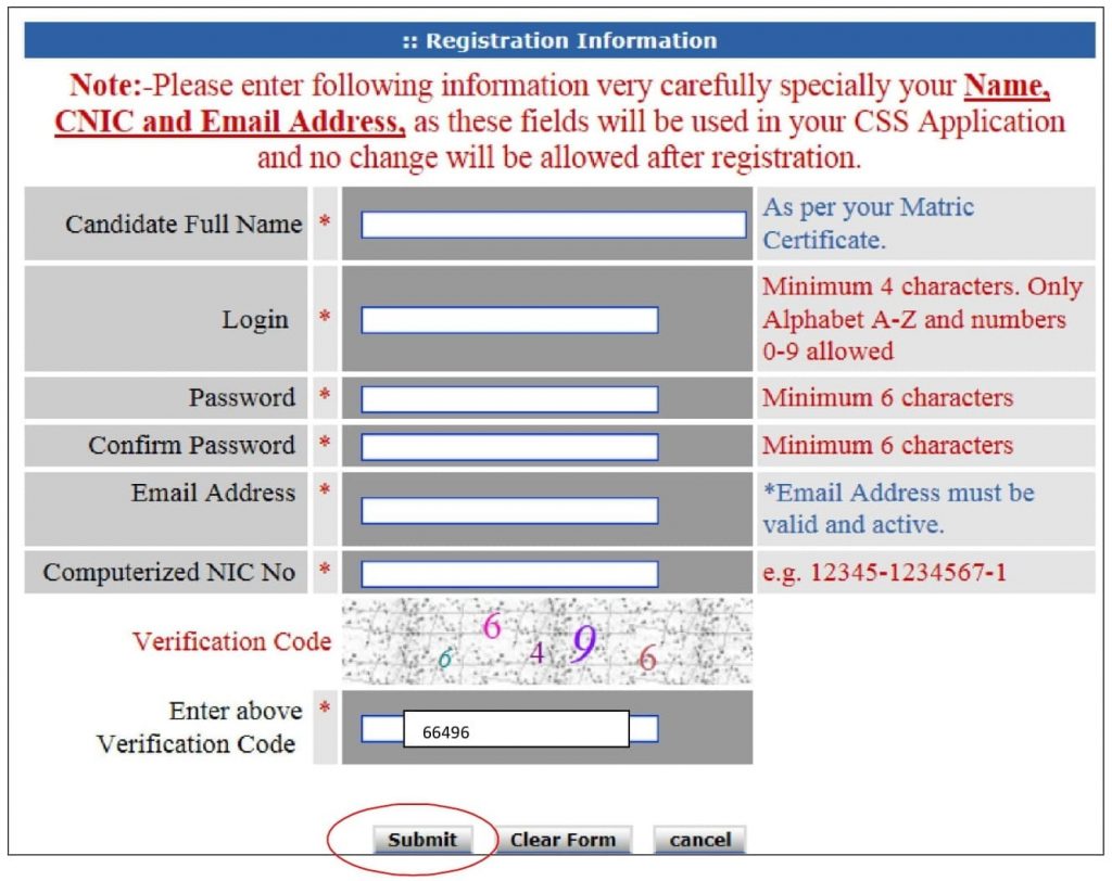Registration Information on CSS Form