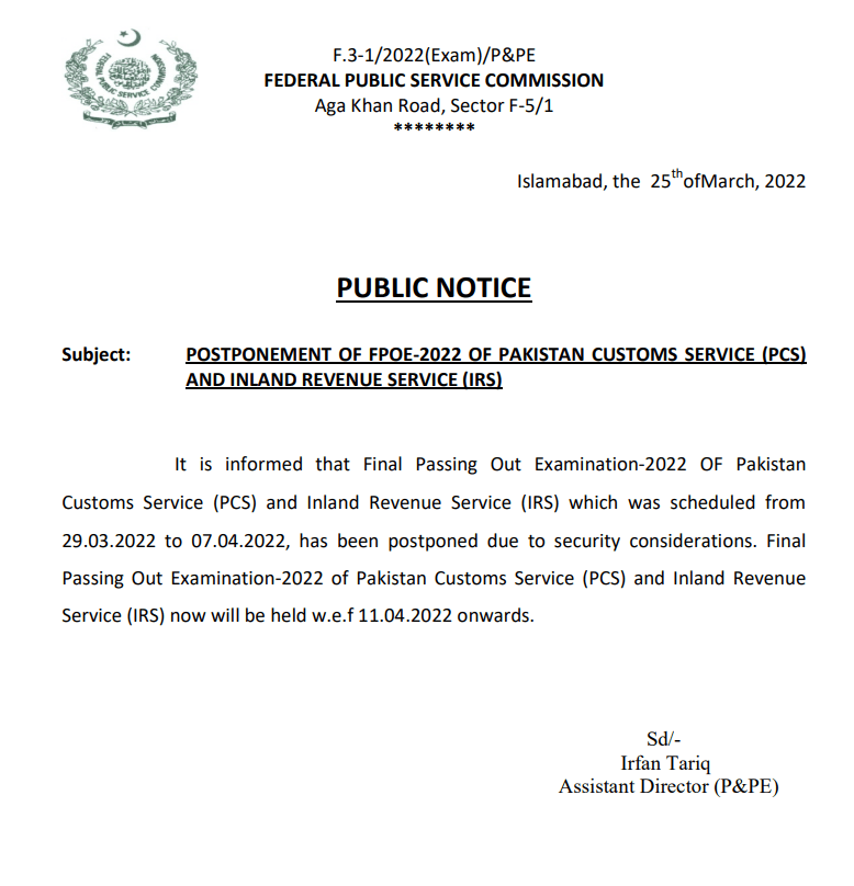 FPSC Postponement of FPOE-2022 PCS and IRS