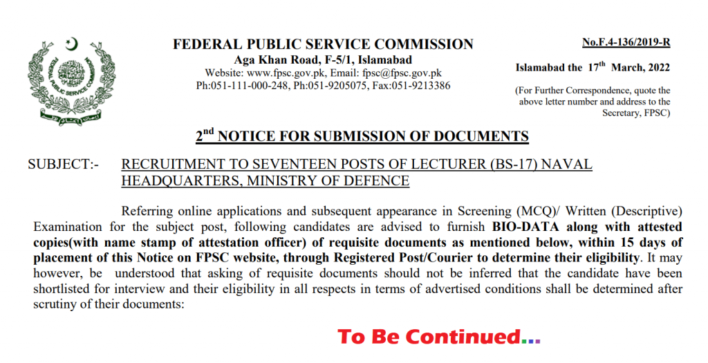 Submission of Documents for Lecturers (BS-17) Ministry of Defence Jobs 2022