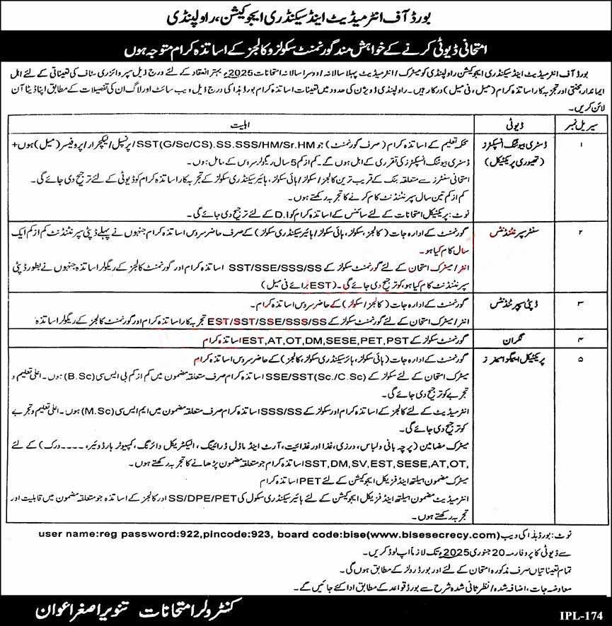 BISE Rawalpindi Jobs 2025 – Board of Intermediate and Secondary Education Jobs 