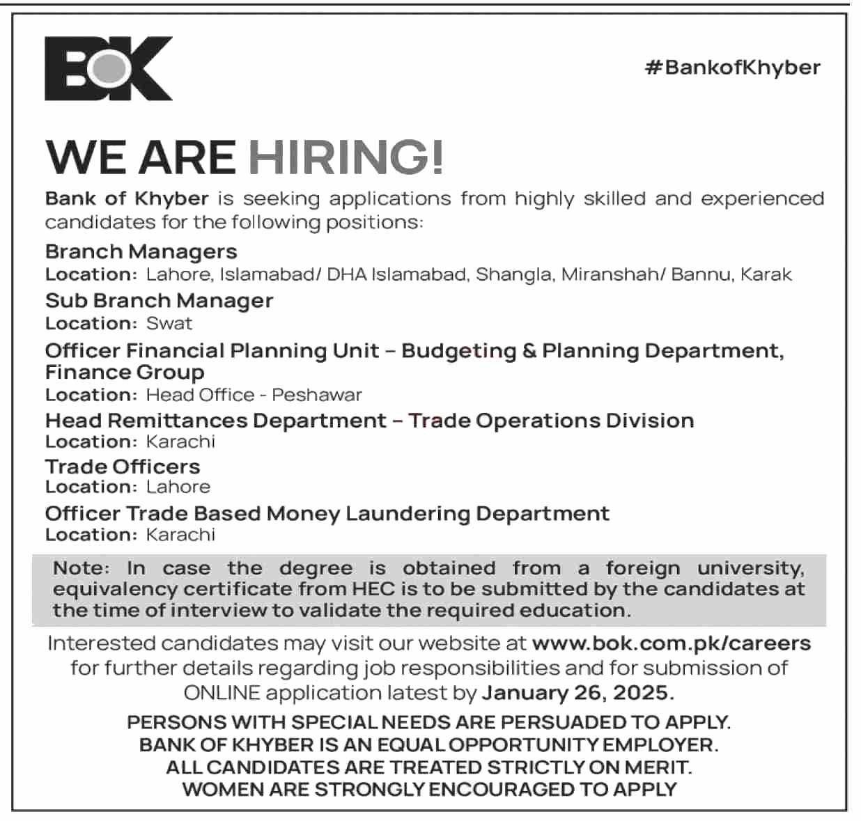 Latest Bank of Khyber BOK Vacancies 2025