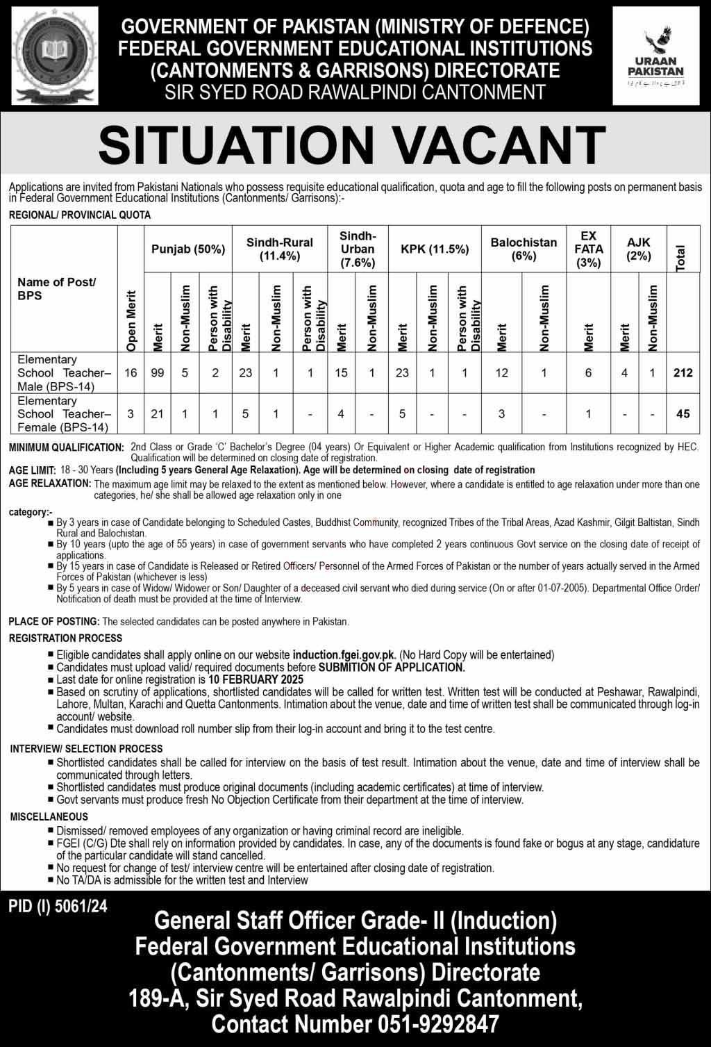 EST BPS 14 Jobs in FGEI 2025 Advertisement