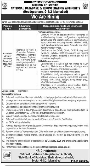 NADRA Jobs January 2025 – National Database Registration Authority Jobs