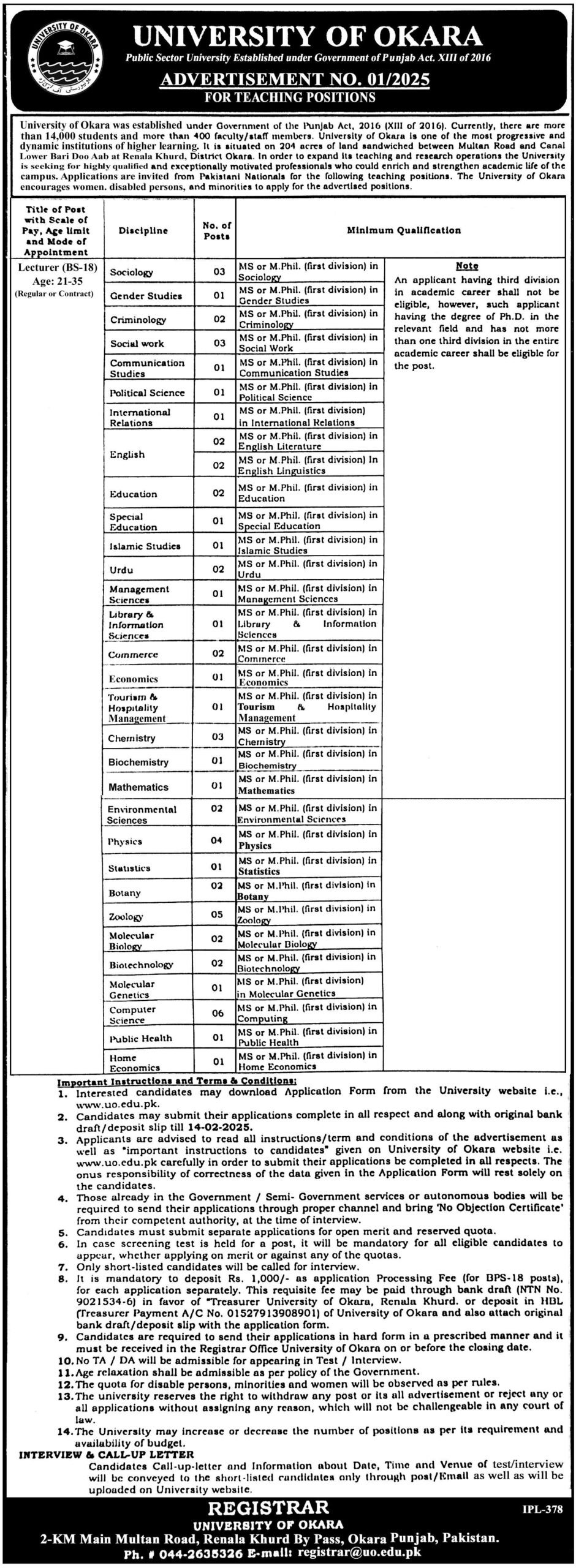 Latest University of Okara Jobs 28 January 2025 