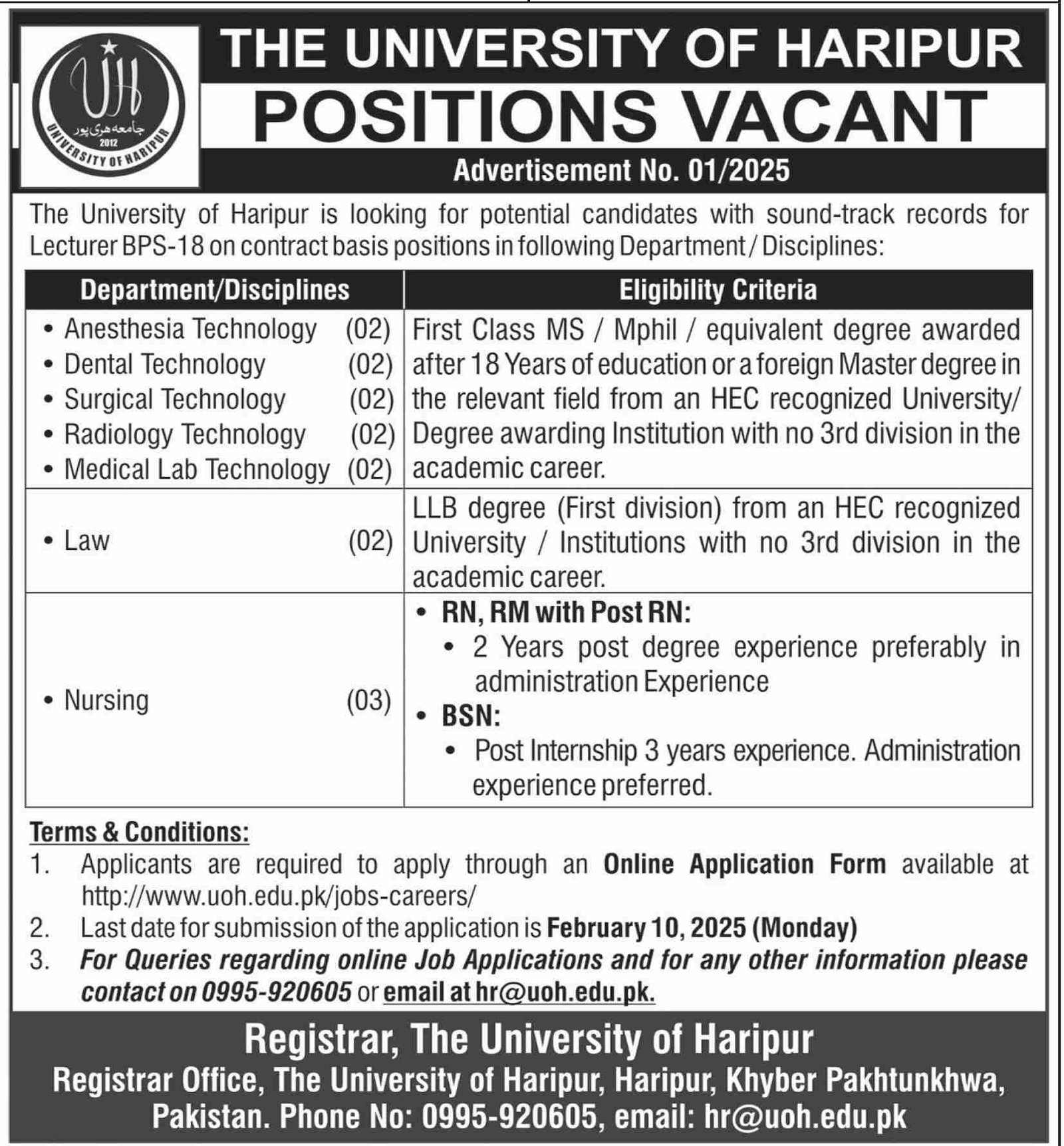 Latest the University of Haripur Jobs February 2025