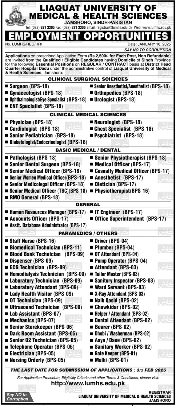 Liaquat University of Medical and Health Science LUMHS Jobs January 2025