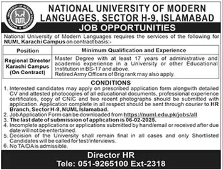 NUML Karachi Campus Jobs January 2025 