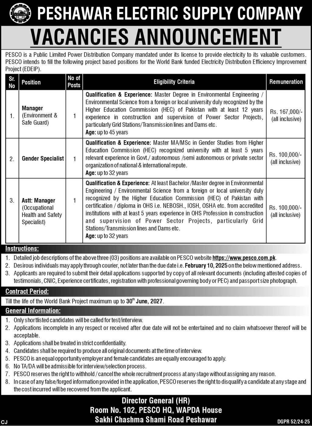 New Peshawar Electric Supply Company PESCO Jobs January 2025 