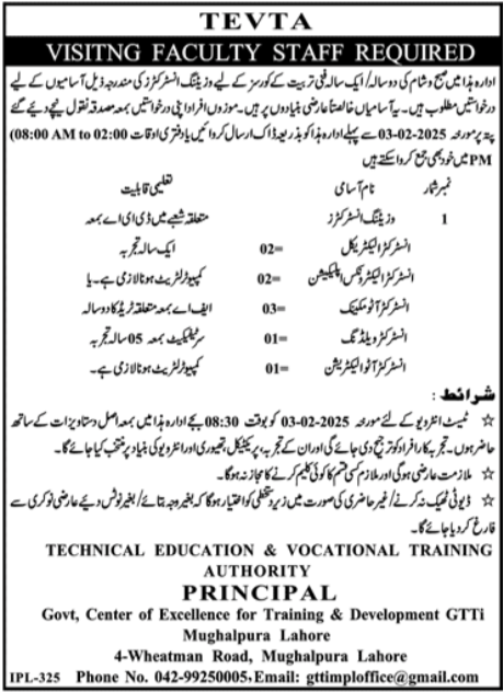 New TEVTA Lahore Jobs January 2025 Advertisement