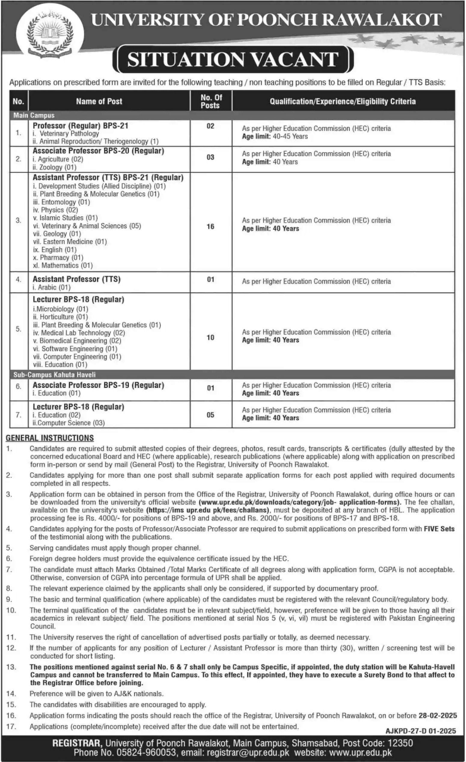 New University of Poonch Rawalakot UPR Jobs January 2025