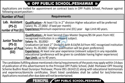 OPF Public School Peshawar Jobs January 2025