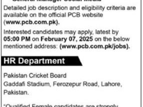 Pakistan Cricket Board PCB Jobs January 2025