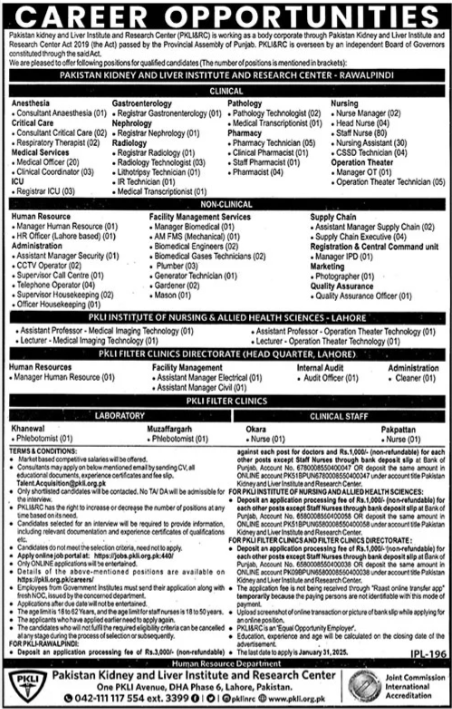 Pakistan Kidney & Liver Institute and Research Centre PKLI Lahore Jobs January 2025