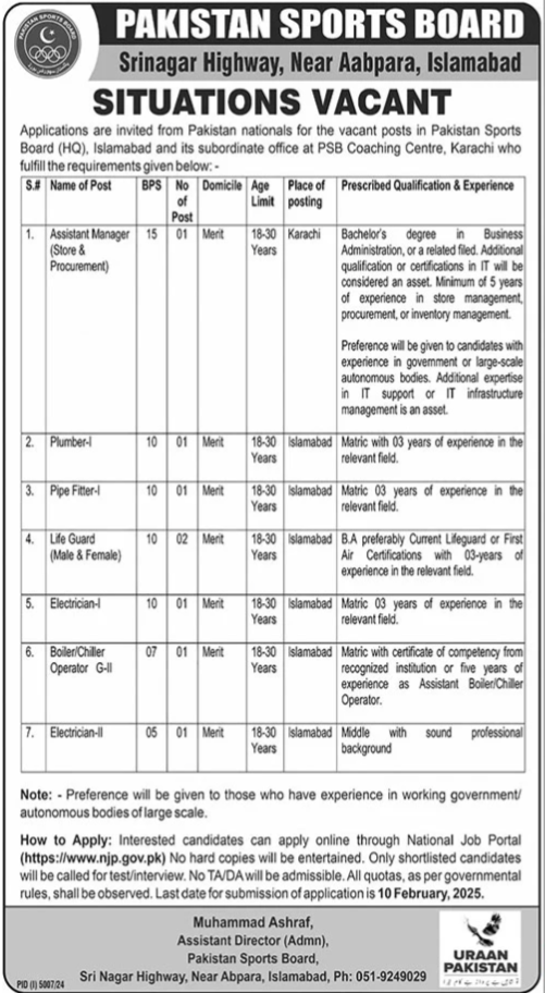 Pakistan Sports Board PSB Jobs January 2025