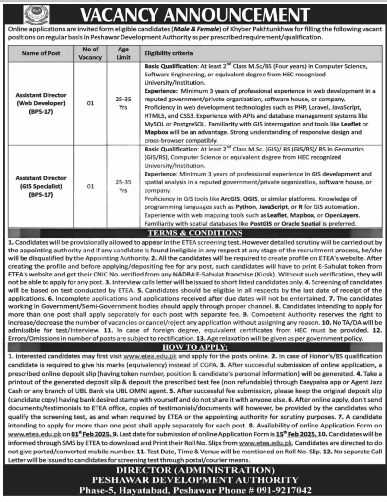 Peshawar Development Authority PDA Jobs January 2025