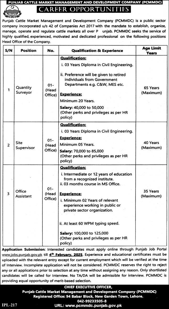 Punjab Cattle Marketing and Development Company PCMMDC Jobs 2025