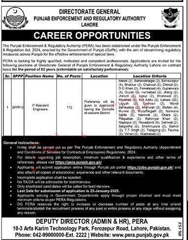 New Punjab Enforcement and Regulatory Authority (PERA) Jobs 2025 