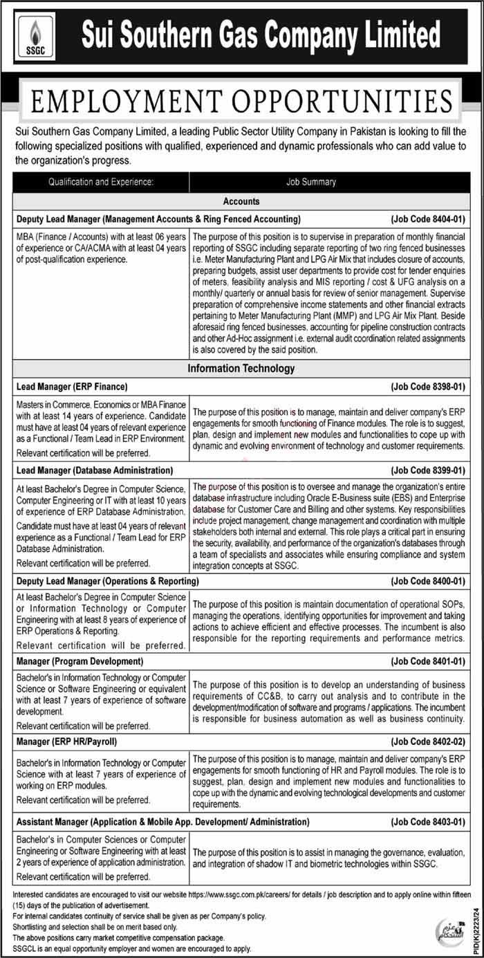 Latest Sui Southern Gas Company Limited SSGC Jobs 19 January 2025 