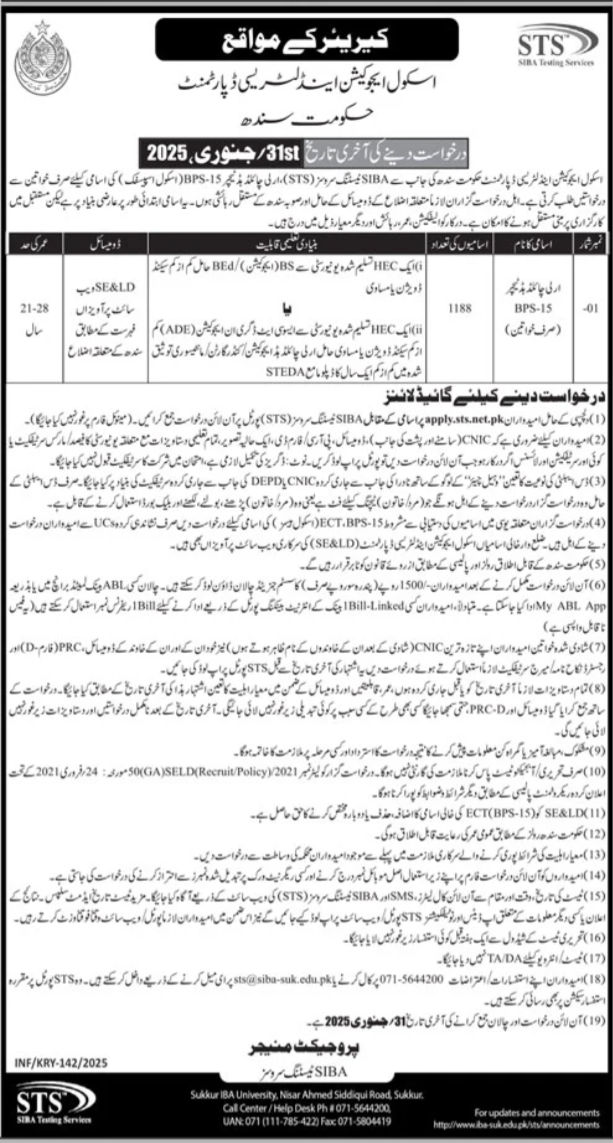 School Education and Literacy Department Sindh Jobs January 2025