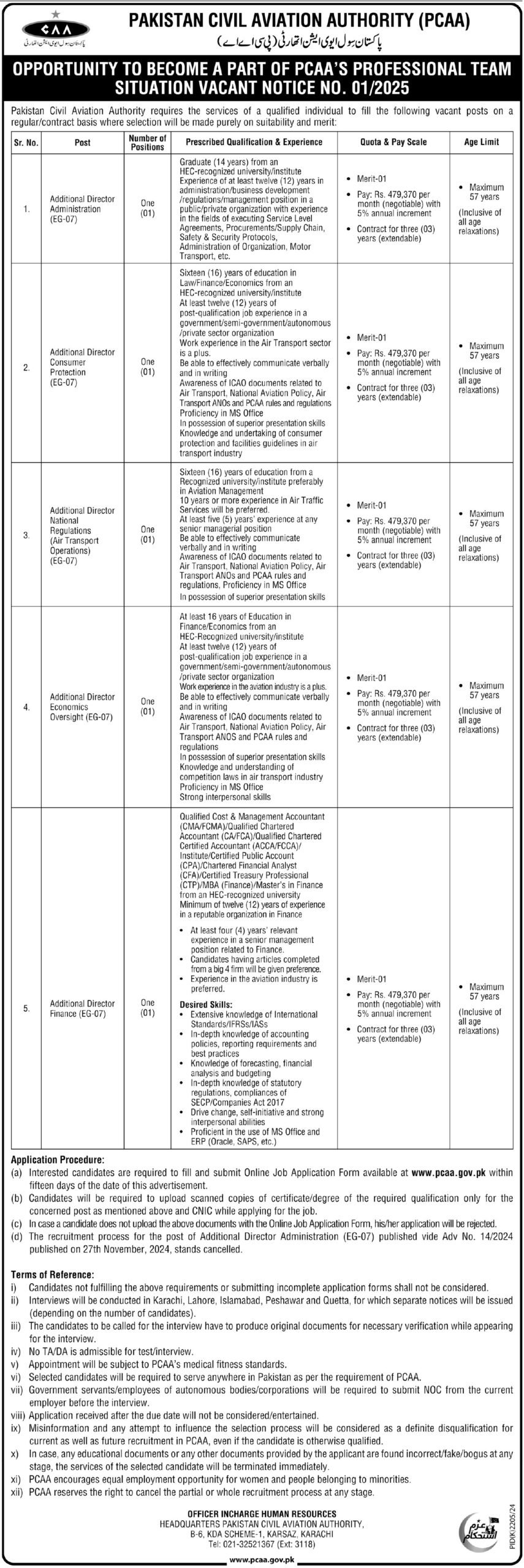 Pakistan Civil Aviation Authority PCAA jobs January 2025 