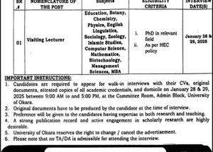 University of Okara Jobs January 2025 for Visiting Lecturers