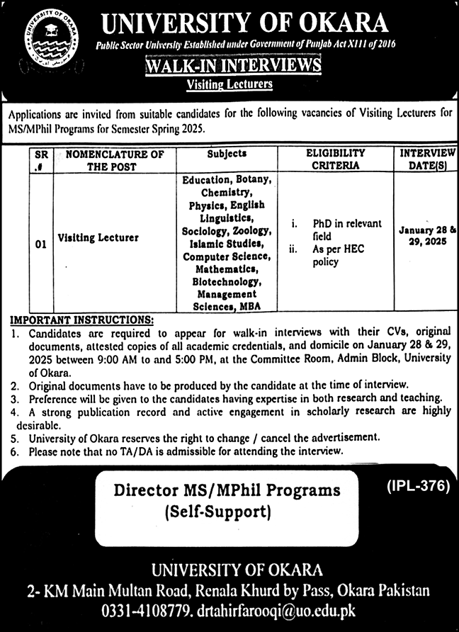 University of Okara Jobs January 2025 