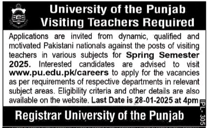 University of Punjab UOP Lahore Jobs Jan 2025