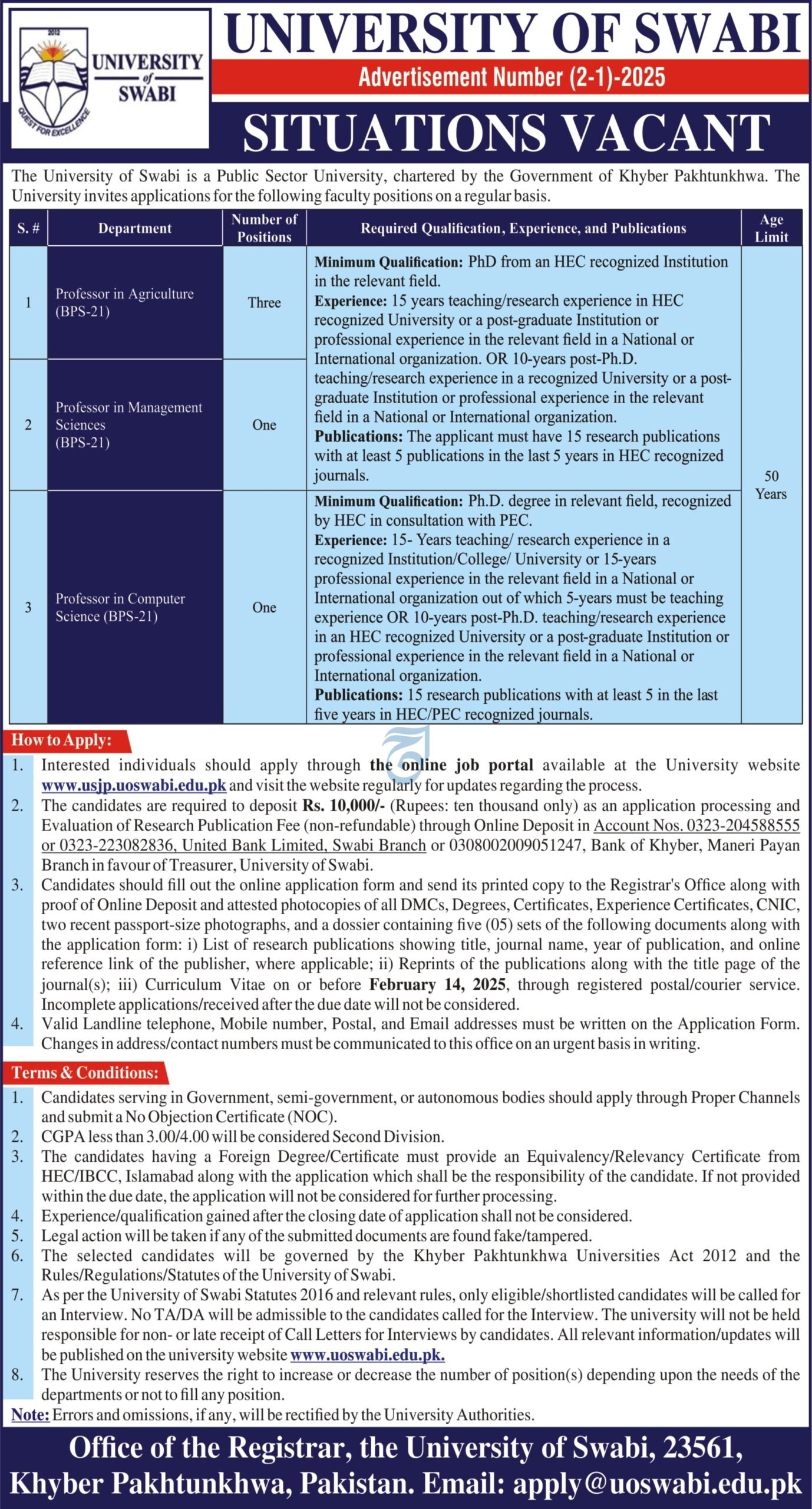 Latest University of Swabi Jobs February 2025 