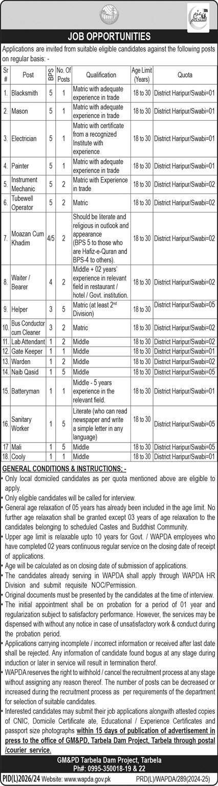 Water and Power Development Authority WAPDA Jobs January 2025