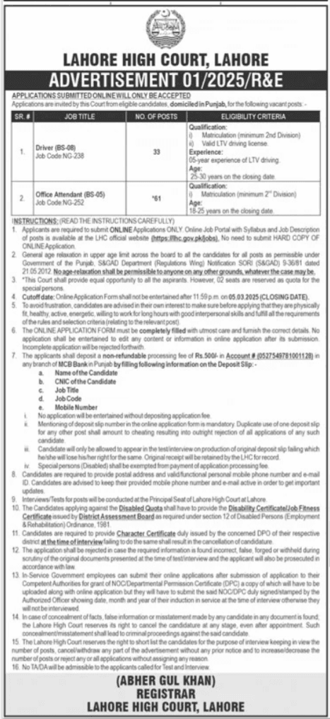 Lahore High Court Jobs 2025