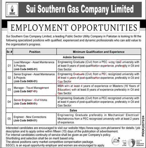 Latest Sui Southern Gas Company Limited SSGC Jobs February 2025 