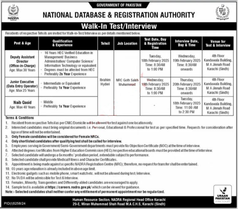 NADRA Regional Head Office Karachi Jobs February 2025