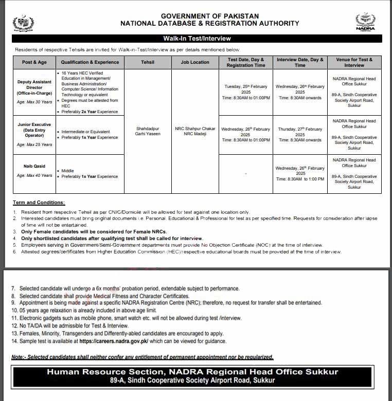 NADRA Regional Head Office Sukkur Jobs 2025 