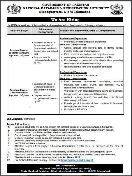 NADRA Vacancies 2025 on Contract Basis