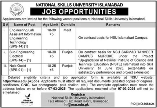 National Skills University NSU Islamabad Jobs 2025