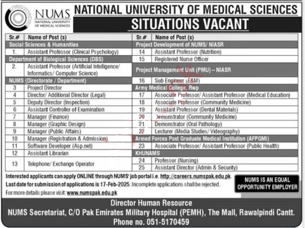 National University of Medical Sciences NUMS Jobs February 2025