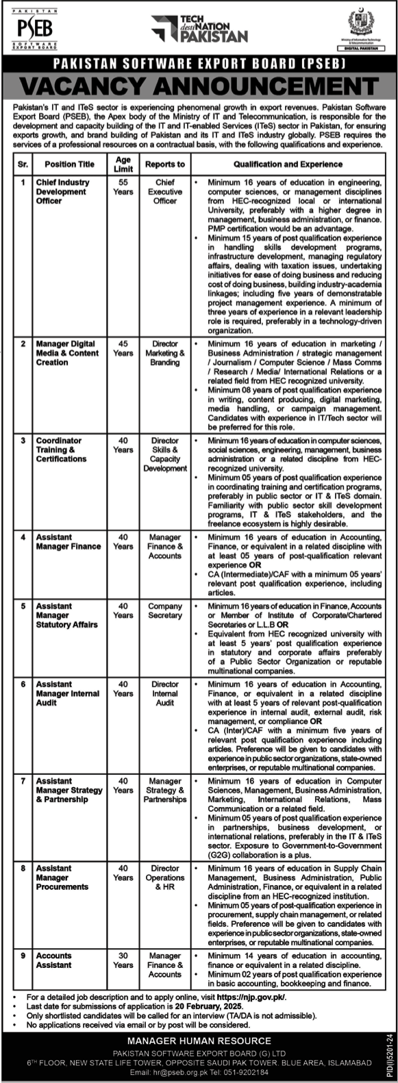 Latest Pakistan Software Export Board PSEB Jobs February 2025