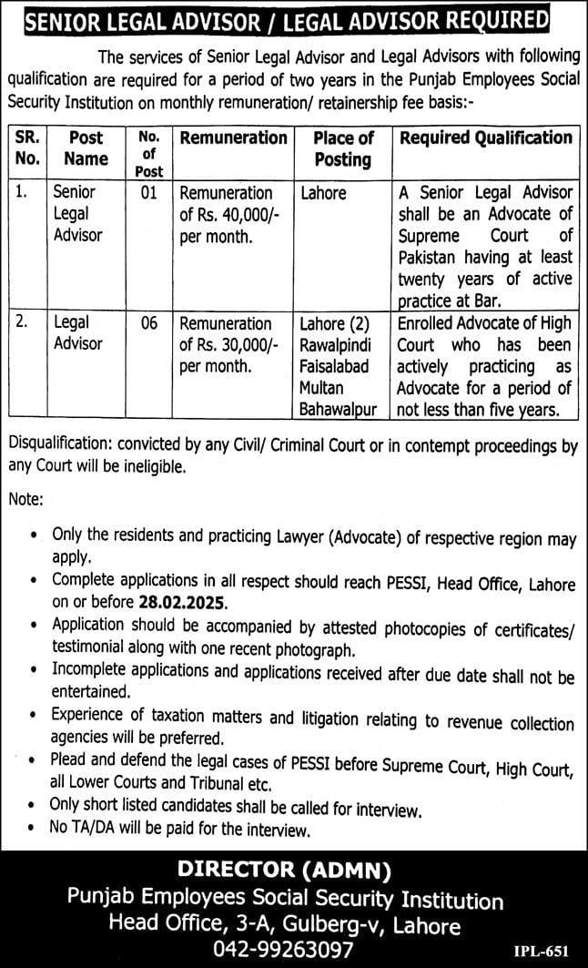 Punjab Employees Social Security Institution PESSI Jobs 2025