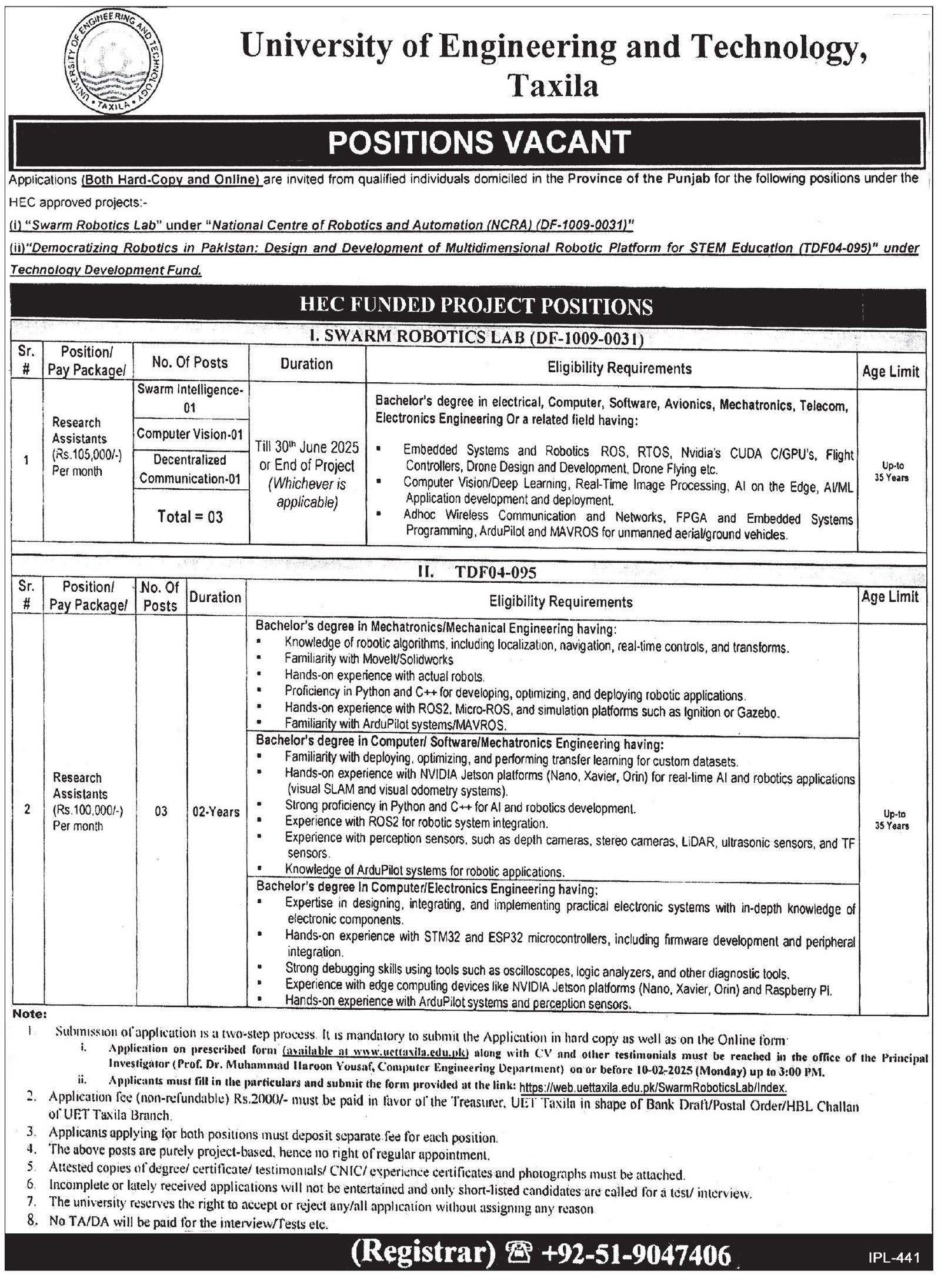 University of Engineering and Technology UET Taxila Jobs February 2025 