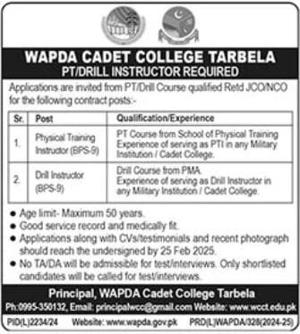 WAPDA cadet College Tarbela Jobs 2025