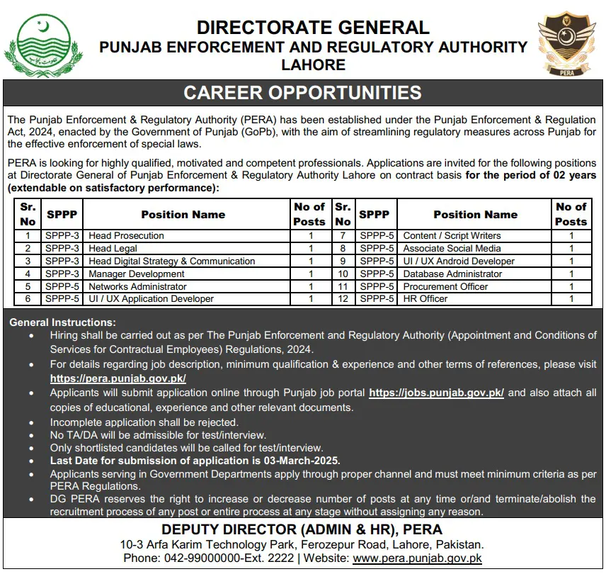 Govt of Punjab PERA Jobs 2025 - Punjab Enforcement & Regulatory Authority