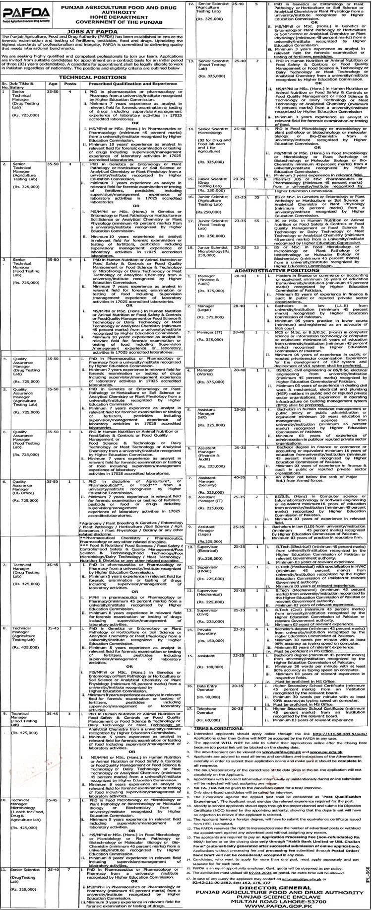 Punjab Agriculture Food and Drug Authority PAFDA Jobs 2025