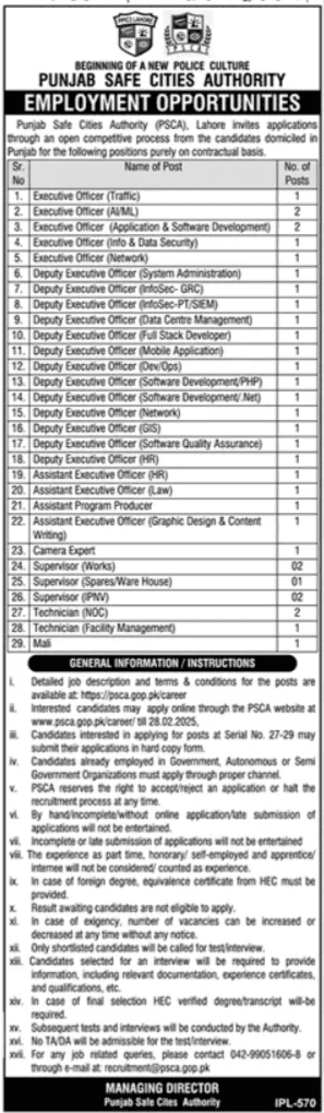 PSCA Jobs 2025 – Punjab Safe City Authority Jobs