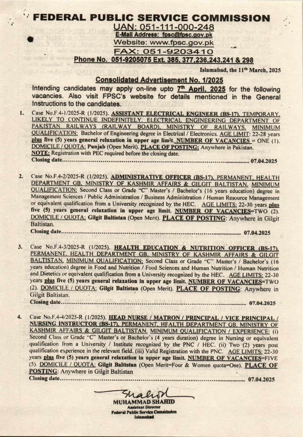 Federal Public Service Commission FPSC jobs 2025 Advertisement