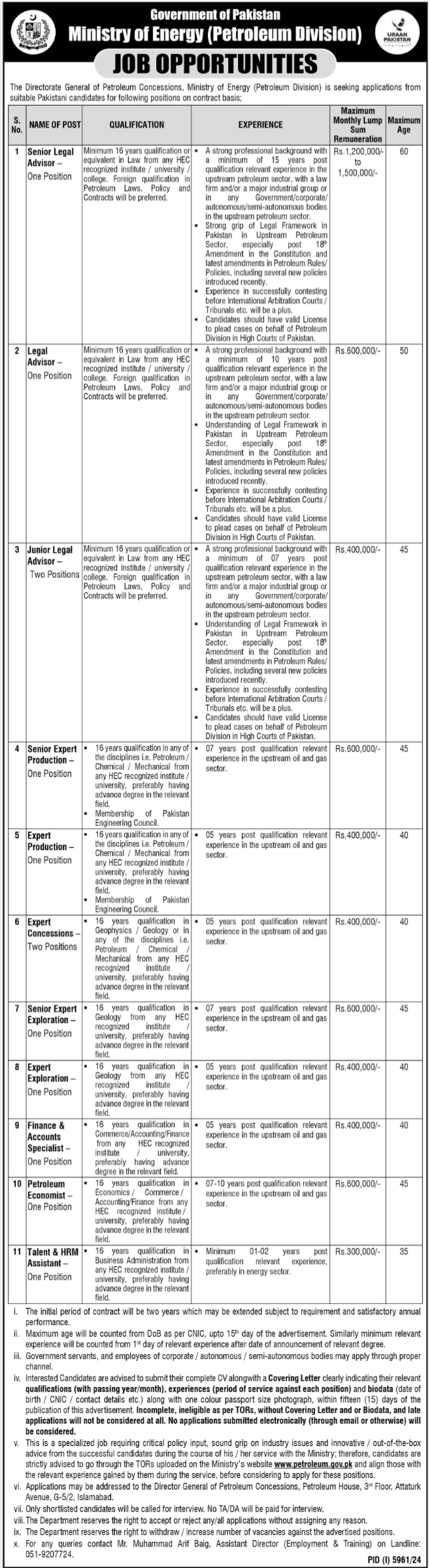 Ministry of Energy Petroleum Division Jobs March 2025