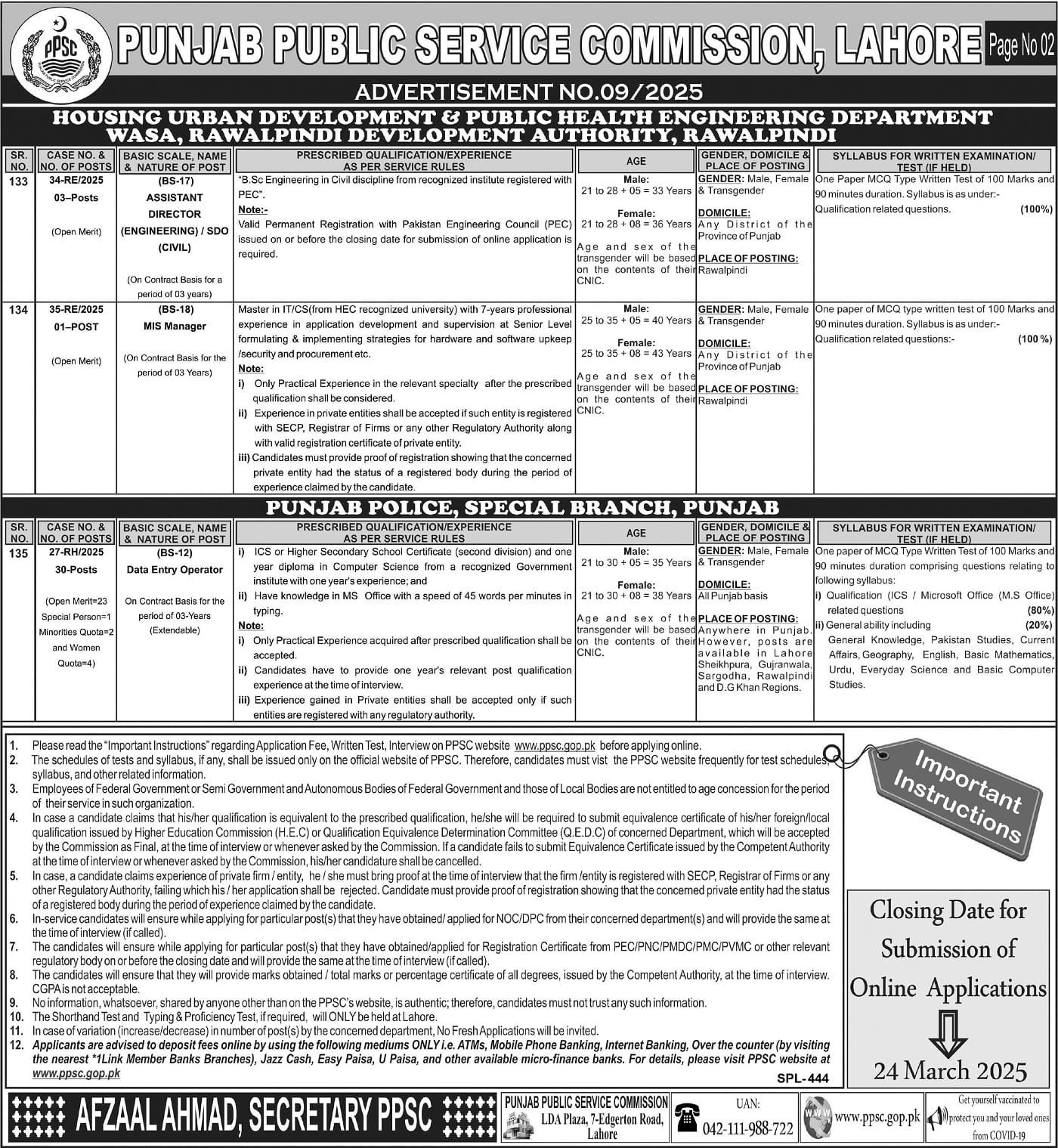 Latest Punjab Public Service Commission PPSC Ad No. 09/2025