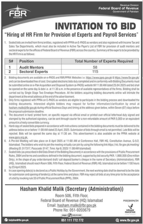 Federal Board of Revenue FBR Jobs 2025
